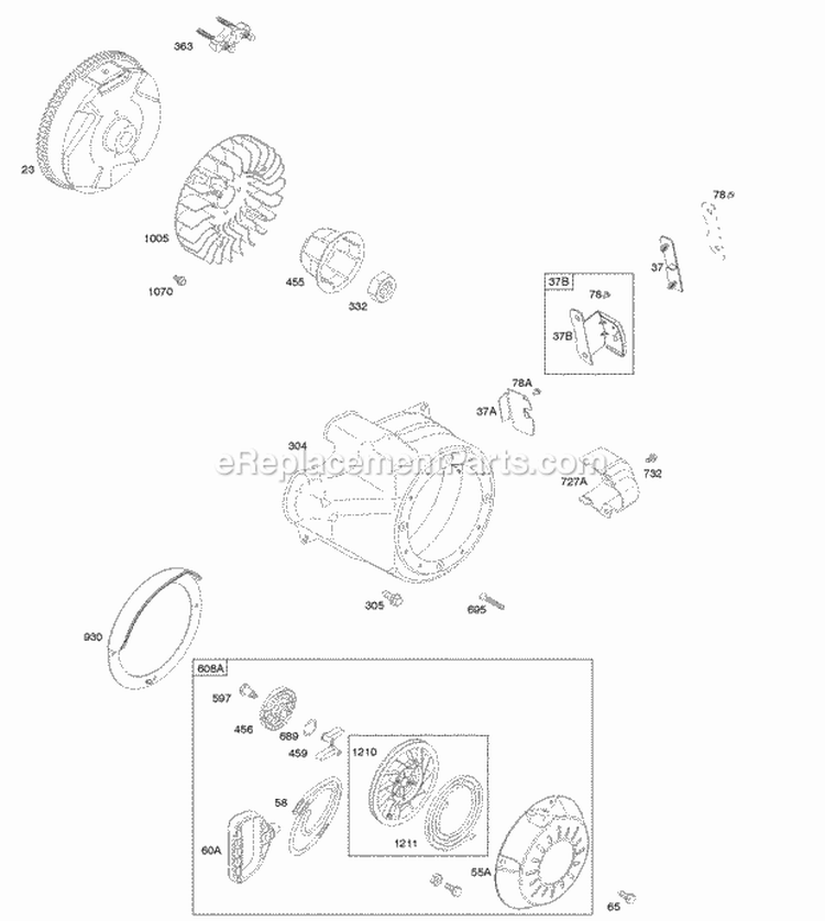 Blower Housing Flywheel Rewind Starter Diagram and Parts List for 20M214-0539-E1  Briggs and Stratton Engine